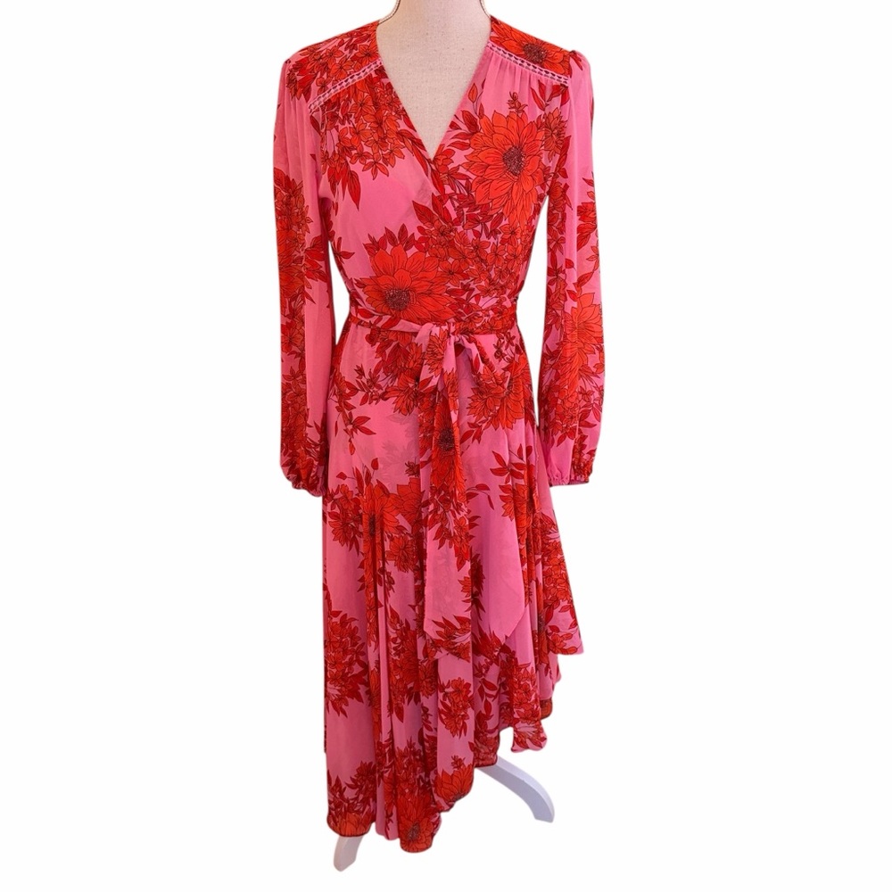 CAbi Pink/Red Chiffon Floral "Drama" Wrap Style Midi Dress #5614 S - Picture 2 of 12